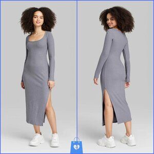 XL - Womens Long Sleeve Rib Knit Midi Dress - Wild Fable - Slate Gray